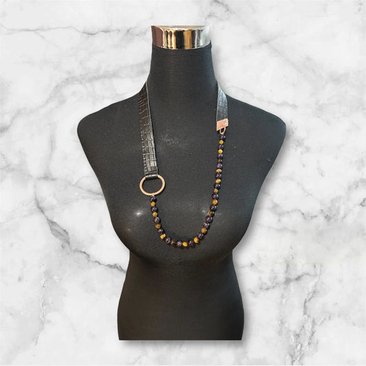 Joyas - Collar de Cuero Negro Texturado con Amatista y Ojo de Tigre