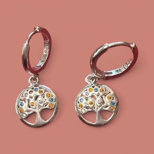 Aros de Plata 925 Argolla con Árbol de la Vida