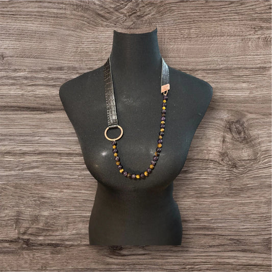 Collar de Cuero Negro Texturado con Amatista y Ojo de Tigre
